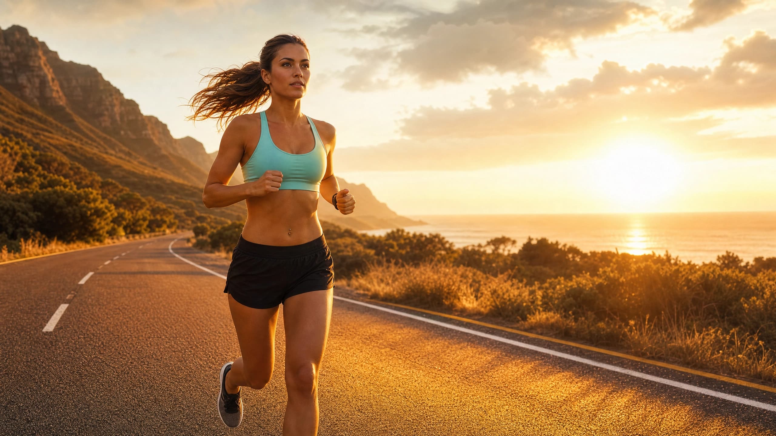 Atleta correndo ao pôr do sol